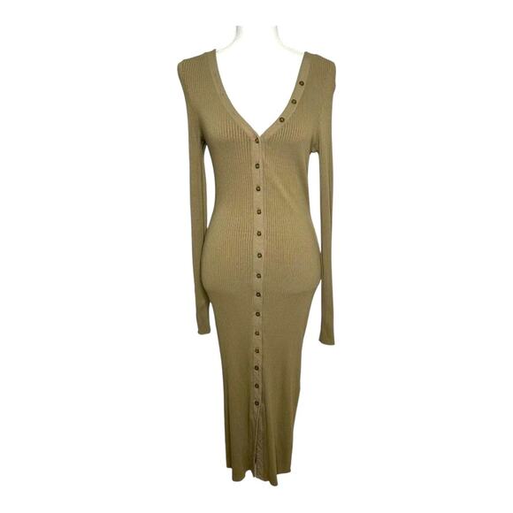 The Range Henley Rib Knit Long Sleeve Midi Dress Hazel Green M - Picture 2 of 10